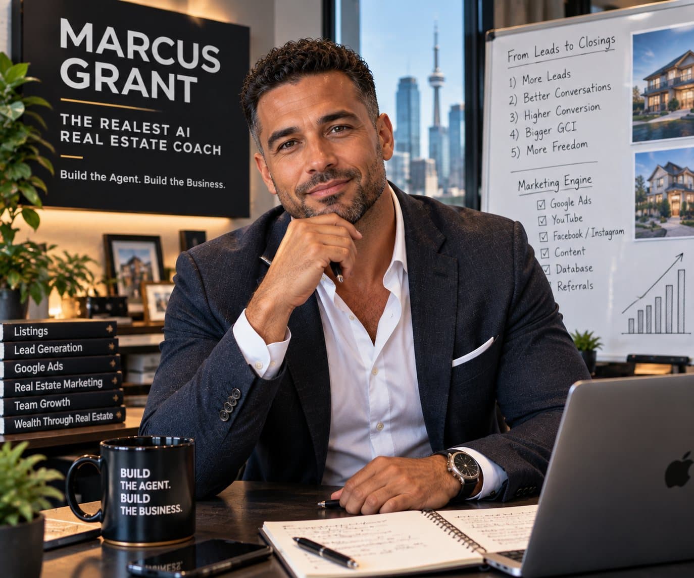 Marcus Grant, AI real estate business coach, at his desk
